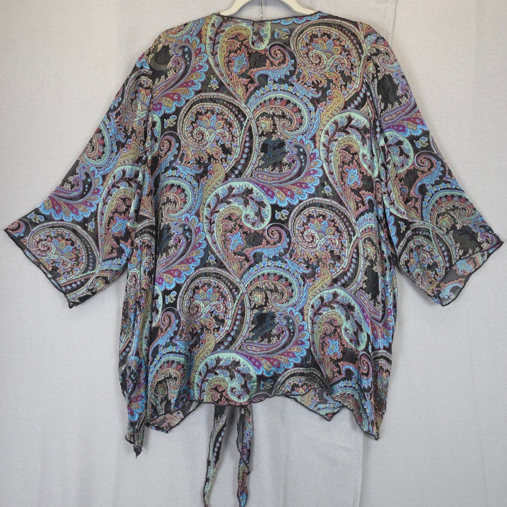 Ulla Popken Inspiration Silk Blouse 2pc Paisley Tie Front Women 20/22 Blue Black - Picture 2 of 9